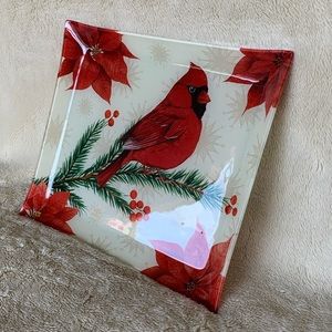 New in box Pfaltzgrass Holiday Glass Platter red cardinal